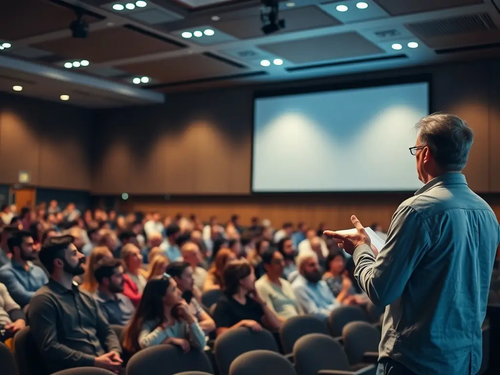 A photograph of a lecture taking place at AA L'ARCHE D'ALLIANCE, featuring a speaker presenting on a topic related to heritage and documentation. The audience is attentive and engaged, highlighting the intellectual stimulation provided by the lecture series.