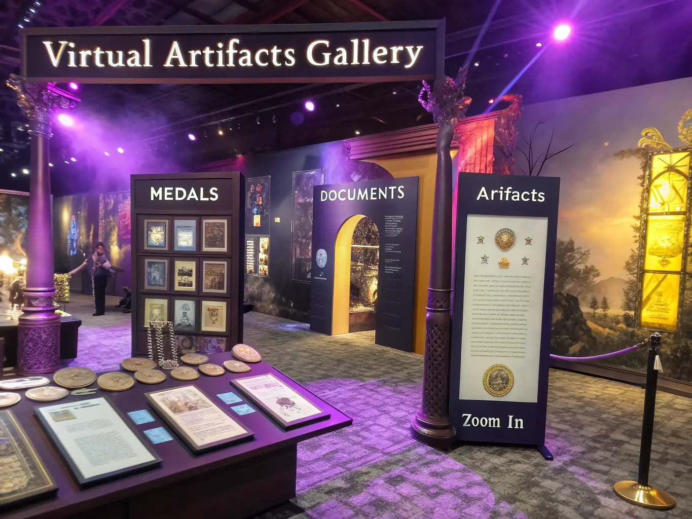 A photograph of an exhibition at AA L'ARCHE D'ALLIANCE, showcasing historical documents and artifacts. The display is carefully curated and visually appealing, inviting visitors to explore the rich history and cultural heritage preserved by the library.
