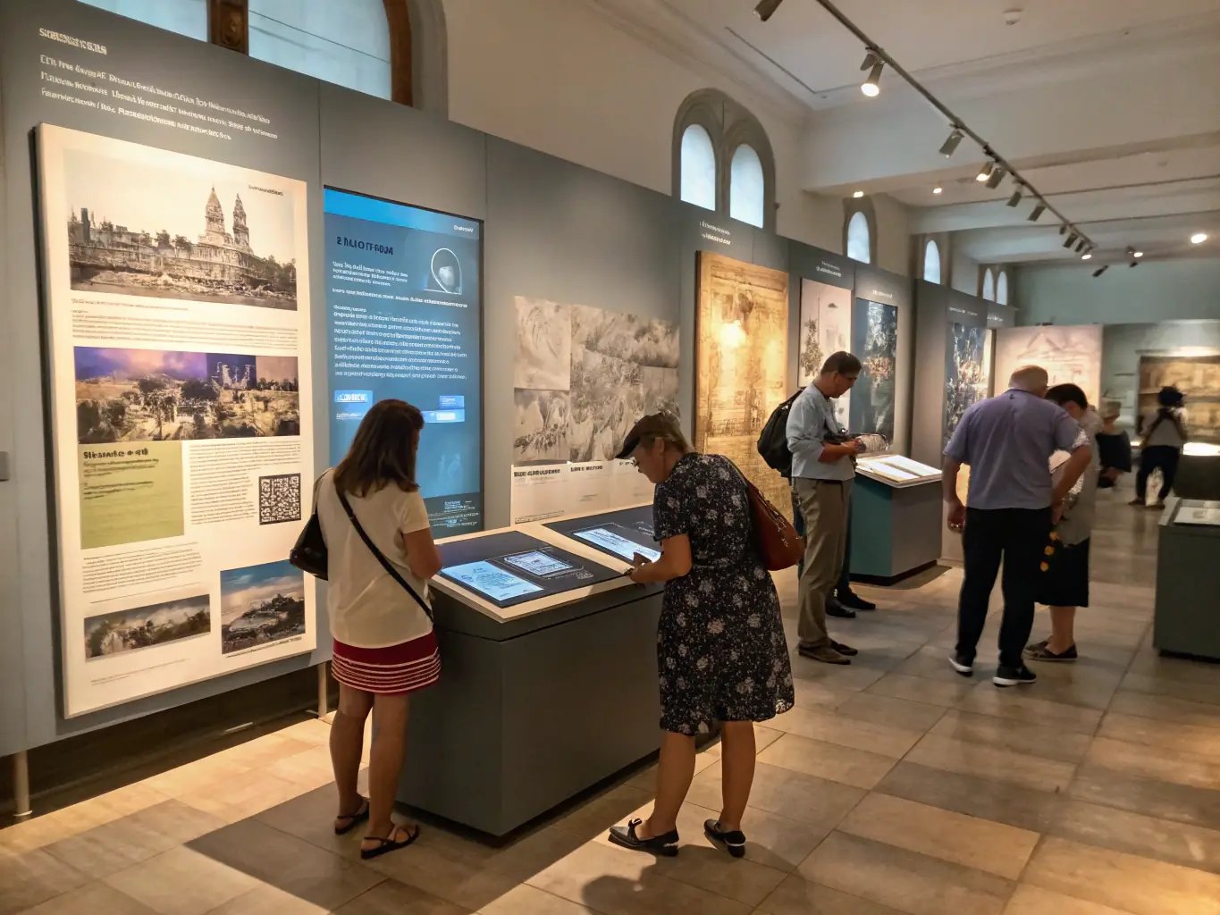 A photograph of an exhibition at AA L'ARCHE D'ALLIANCE, showcasing historical documents and artifacts related to local history. Visitors are seen admiring the exhibits, with informational panels providing context and background.